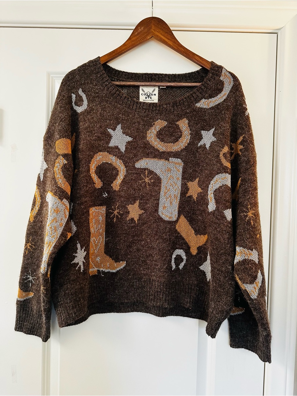 Cotton & Rye Brown Western Cowboy Boot Horseshoe Sweater XL